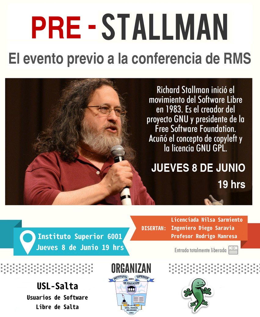 grmanresa's tweet photo. El gurú del #SoftwareLibre llega a Salta sumate a nuestro movimiento. Evento #PreStallman este Jueves 8 a la 19 en el Inst. Superior 6001. https://t.co/BplCl9B13y