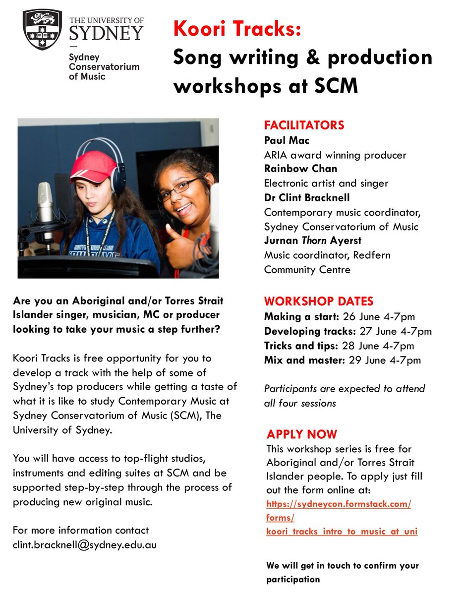 FREE workshops for <a href="/IndigenousX/">IndigenousX</a> singers/musicians/MCs at <a href="/sydneycon/">SydneyConMusic</a> with me, <a href="/thepaulmac/">paul mac</a> and <a href="/RainbowCMusic/">The Rainbow Collections</a> sydneycon.formstack.com/forms/koori_tr…