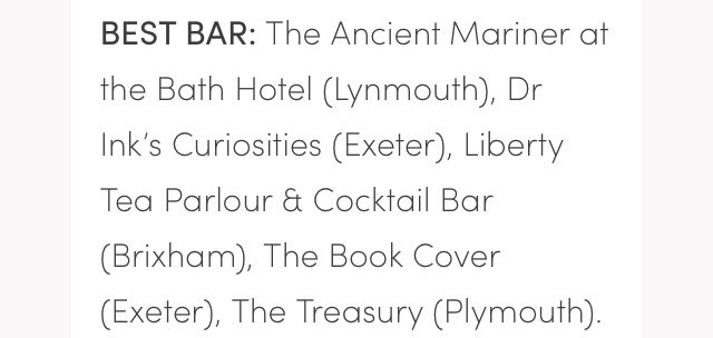 In the finals for the <a href="/muddystiletto/">muddyHQ</a> #devon awards for #bestbar - voting opens Weds - more info to come. Thank you for getting us this far x