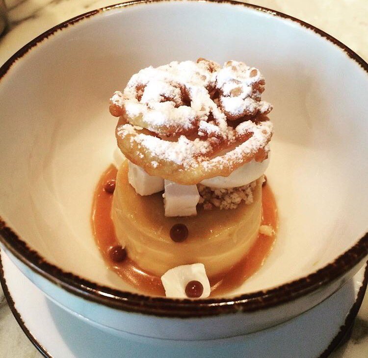 BDTavern's tweet photo. #Butterscotch Pudding topped with vanilla ice cream and a tiny #funnelcake. #BDTreats by Chef Erin Reed. #MarketSelection, on the menu soon. https://t.co/zksLDsWnd8