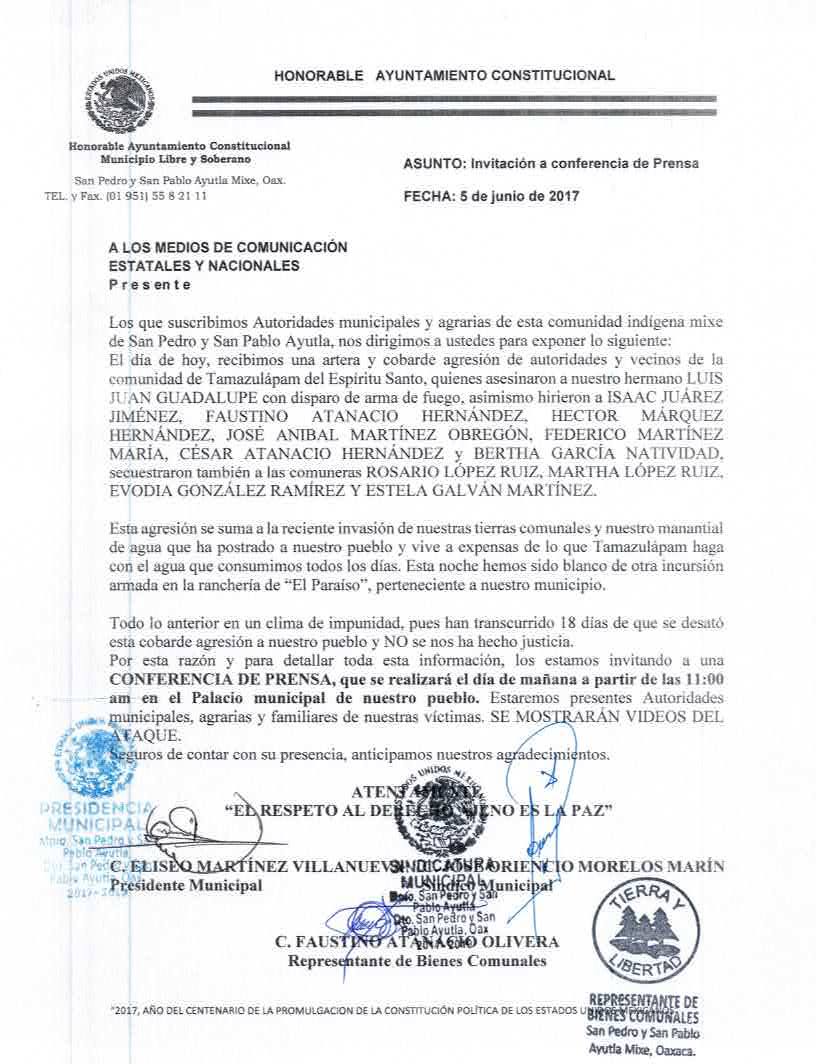 tajeewdr's tweet photo. Ante hechos violentos de hoy, #Ayutla #Mixe convoca a medios de comunicación a conferencia de prensa
11 hrs. Municipio de Ayutla 6 junio https://t.co/Hk3iUuyD7b