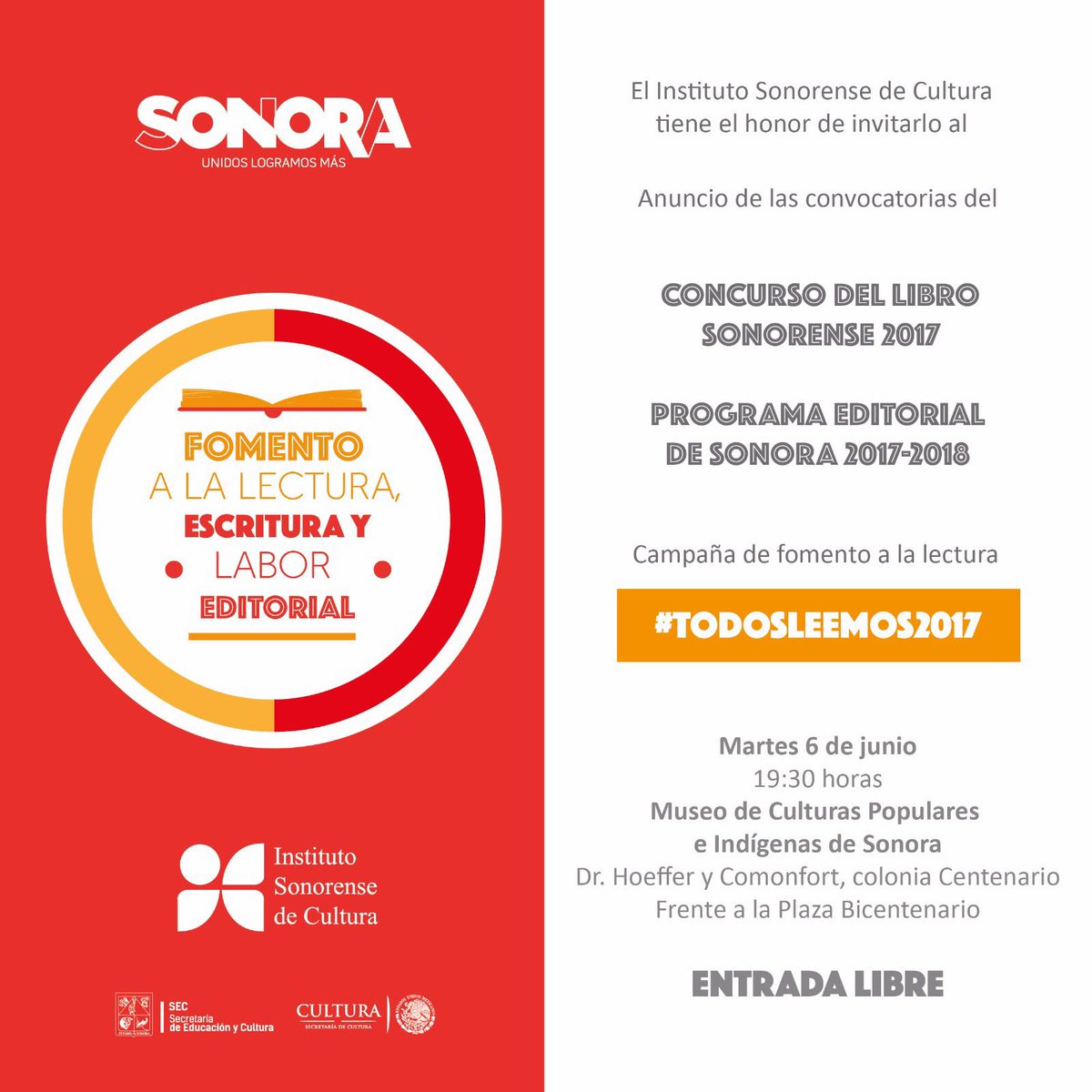 gobiernosonora's tweet image. Asiste al anuncio de las convocatorias del concurso del #LibroSonorense y #ProgramaEditorial, que presentará el @ISCsonora. #TodosLeemos2017