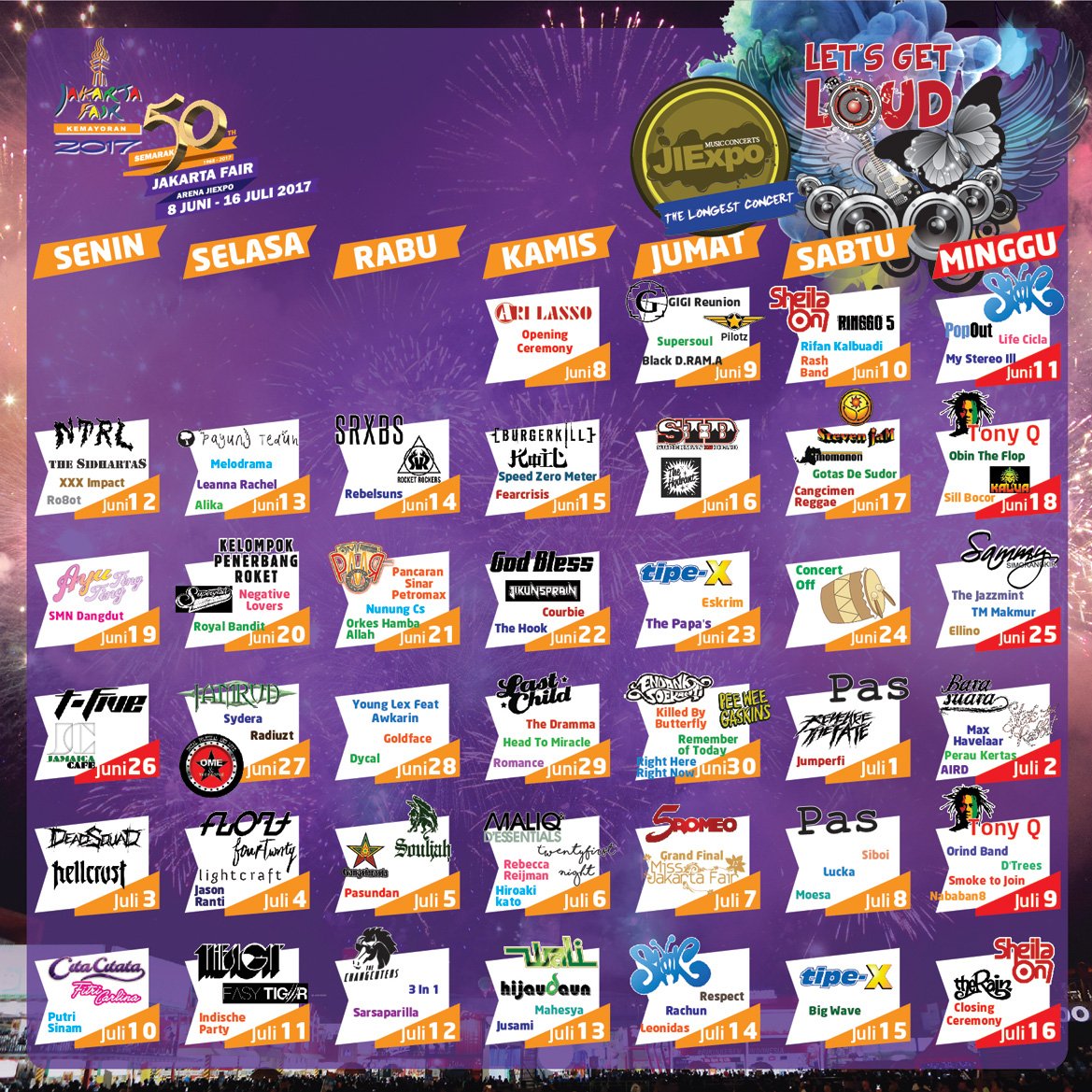 #JakartaFair2017 concert schedule.
#NextEventInJIExpo
#JFK2017