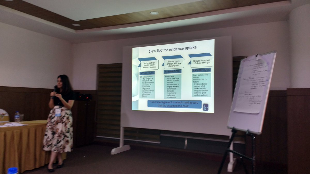 MenonRadhi's tweet photo. @3ieNews workshop at #evalcon : @kanika_jha explains 3ie's theory of change for evidence uptake from #impactevals @CoE_SouthAsia https://t.co/ZfkPLQpOsM