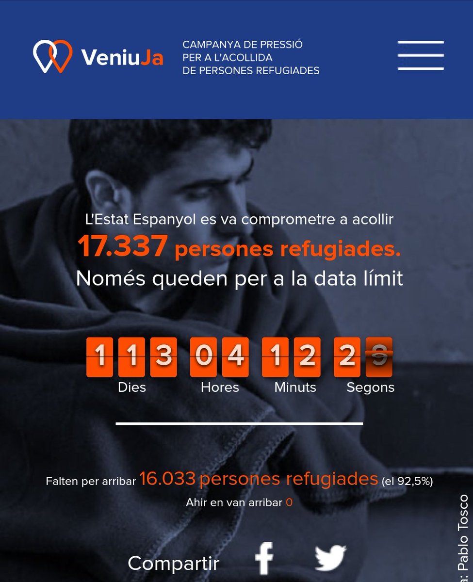 VeniuJa's tweet photo. @nuria_viba @JordiDivertit @CooperaSi @OIaCat @stopmaremortum @plantadarefugi @volemacollir @Lafede_cat @FundiPau @JusticiaiPau @maticatradio @CoordONGDLleida @CoordONGs @GarrotxaAcull @GironaAcull @valenciaacoge1 @Refugiats_MiR @BCNpelsRefugiat @CCARefugi @institut_IDHC @jaume_albaiges @Jaumeasens @FundacioPROIDE @fundacioflama @JaumeBarbera @HiginiaRoig @montsanto @ESFCatalunya @openarms_fund @Fundacio_Surt @diariARA @jerccatcentral @wwwsicarcat @CreuRojaCAT @sicomtelevision @elpuntavui @elmonarac1 @elperiodico_cat @albertsaezc @MerceDarnell @el9nou @Ignasiara @RossellMarina @davidminoves @xpxpalau @agusmoralespuga @wwwasilcat @campsoscar @SISCUBAIGES @ACDDH_ Queden només 113 dies
Falten 16.033 refugiats/es, un 93% dels q havien d'arribar #VeniuJa 
Sumeu-vos a https://t.co/PMDvfQt2tz i pressioneu! https://t.co/xe59eDoZYz