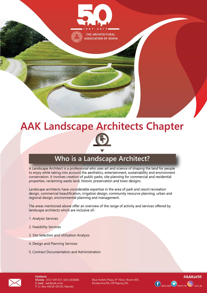 Arch_KE's tweet photo. A Landscape Architect uses the art &amp; science of shaping land for people to enjoy with environmental sustainability in mind. #AAKat50 #AskAAK https://t.co/TrdAjD8zqT