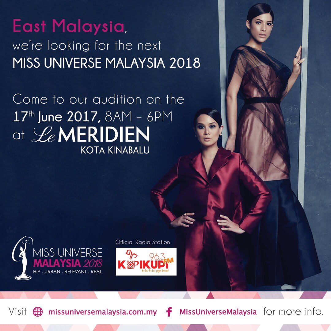 MissUniverseMY's tweet photo. Come to our #MissUniverseMalaysia2018 audition 👑✨
• 17th June 2017
• @LeMeridienKK 
• 8AM – 6PM
More info 👉🏻 https://t.co/LOZBZkbOXX https://t.co/izG75wicul