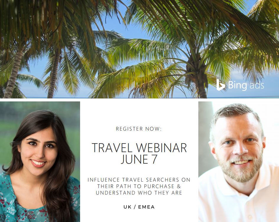 MSFTAdvertising's tweet photo. Don't miss! #BingAds researchers Sarah and Thom host a #travel webinar for online #advertisers. Register here: https://t.co/Ki0mNNRE7m https://t.co/hJ0aqwrrTU