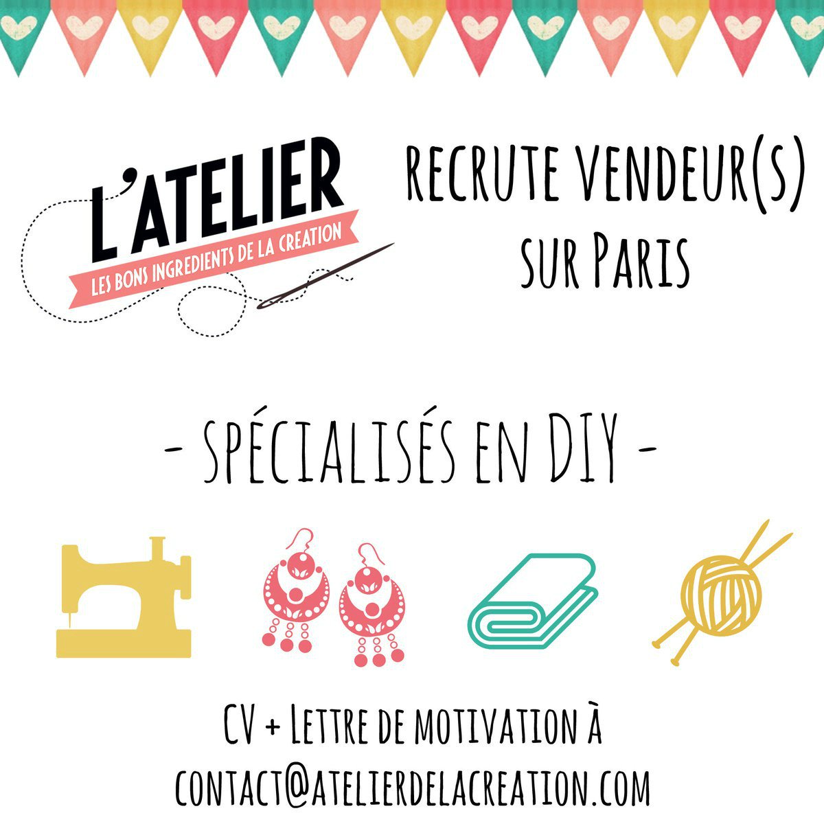 AtelierCreation's tweet photo. #emploi #DIY Envie de nous rejoindre pour un plein temps en #CDI ? Nous recrutons ! #couture #tricot #paris #vente #mercerie #paris14 https://t.co/SAsQDS5Tkh