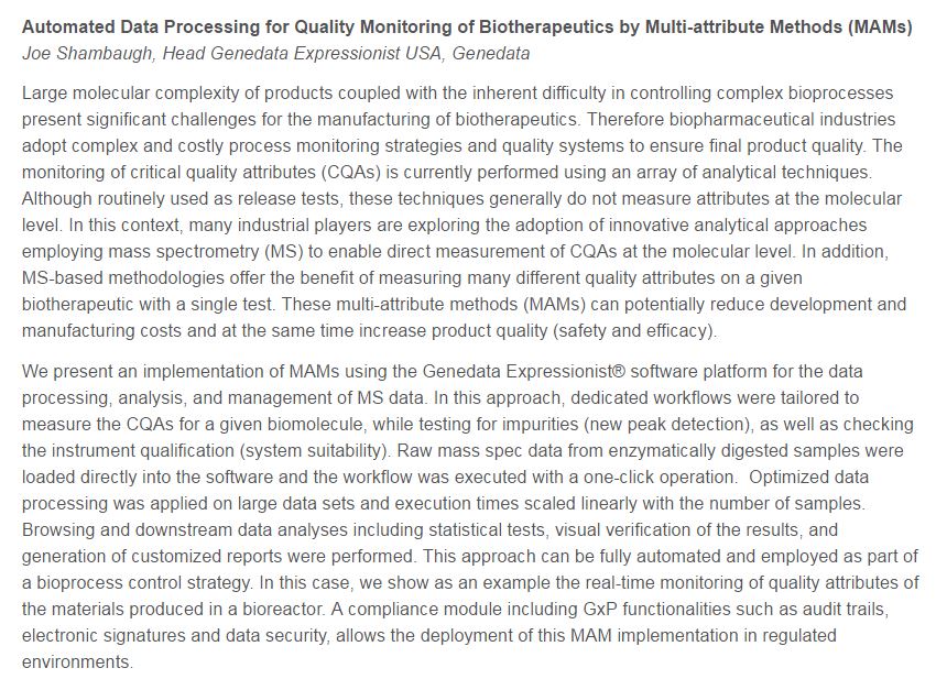 Genedata's tweet photo. Don't miss our #ASMS17 talk on data processing for quality monitoring of BioTx by MAMs, 10:10 AM today! #GenedataExpressionist #ASMS2017 https://t.co/7zOHiOT2SD