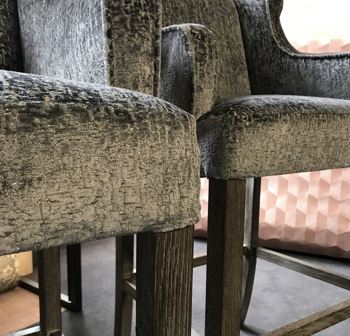 Bespoke bar stools made for our customer. Upholstered in a luxurious <a href="/ZincTextile/">Zinc Textile</a> fabric, a beautiful addition to any kitchen space