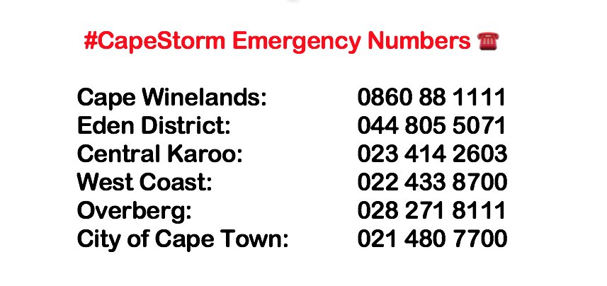 🚨 #CapeStorm Emergency Numbers! 
Please Retweet, Share, Repost, Email etc.