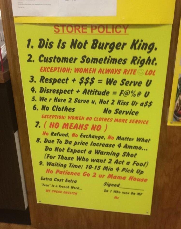 SellNCLT's tweet photo. If this was the store policy at a small food joint, I would guess customer service is not the #1 priority https://t.co/1rwgrjFsEk