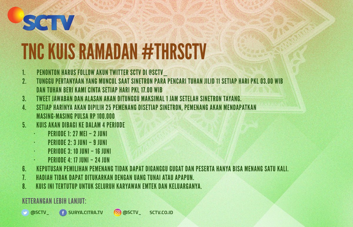 SCTV's tweet photo. Jangan lupa ya sore ini nonton #TuhanBeriKamiCinta dan ikutan kuis #THRSCTV!
Cek pertanyaan yang muncul di layar tv kamu &amp; tweet jawabannya https://t.co/qZafjBpcsK