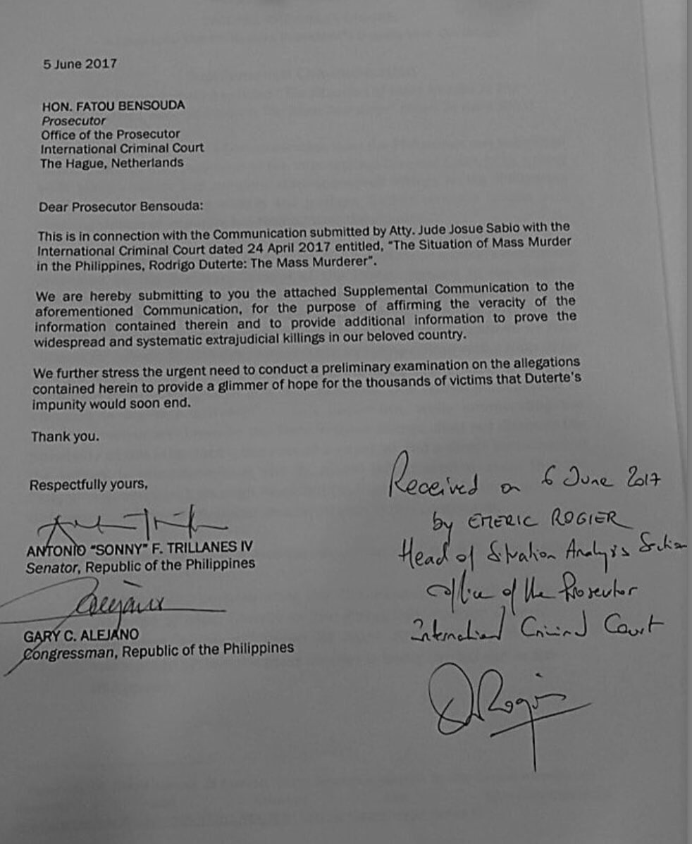 thirdyado's tweet image. Copy of supplemental complaint filed by Sen. Trillanes and Rep. Alejano at the ICC against Pres. Duterte @ABSCBNNews