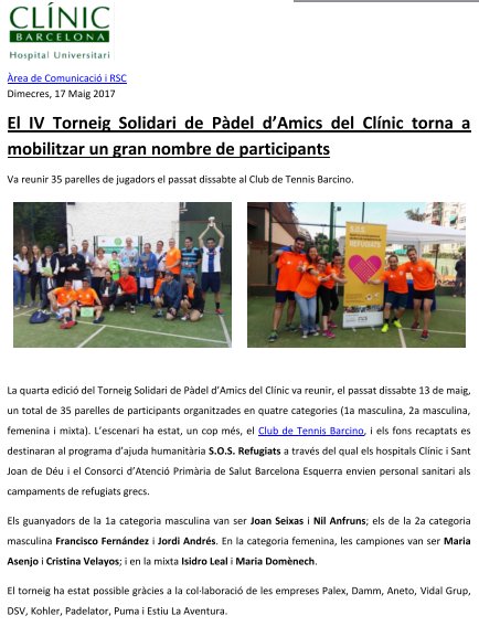 Col·laborant amb el IV Torneig Solidari de Pàdel d’Amics del Clínic al <a href="/CTBarcino/">CTBarcino</a> ! #hospitalclinic #barcelona #padel #solidari