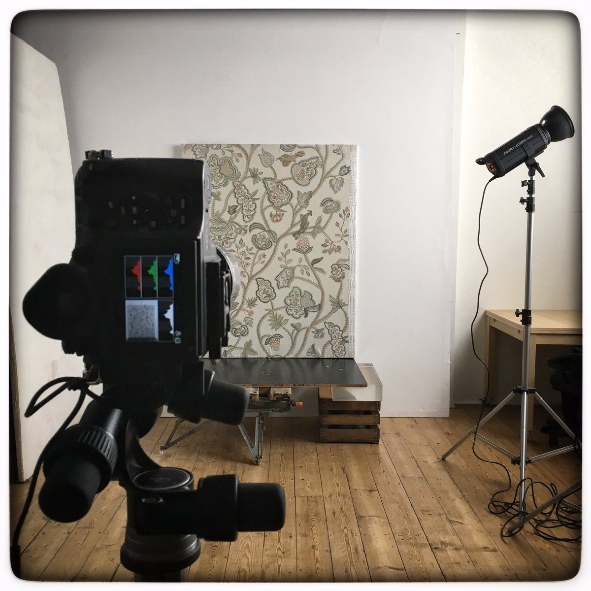 Cris_Grandi's tweet photo. Behind the scenes of our today's fabric photoshoot. So many new designs coming up. Exciting! #chelseatextiles #handembroidery #fabric https://t.co/vAhWU5nLf3