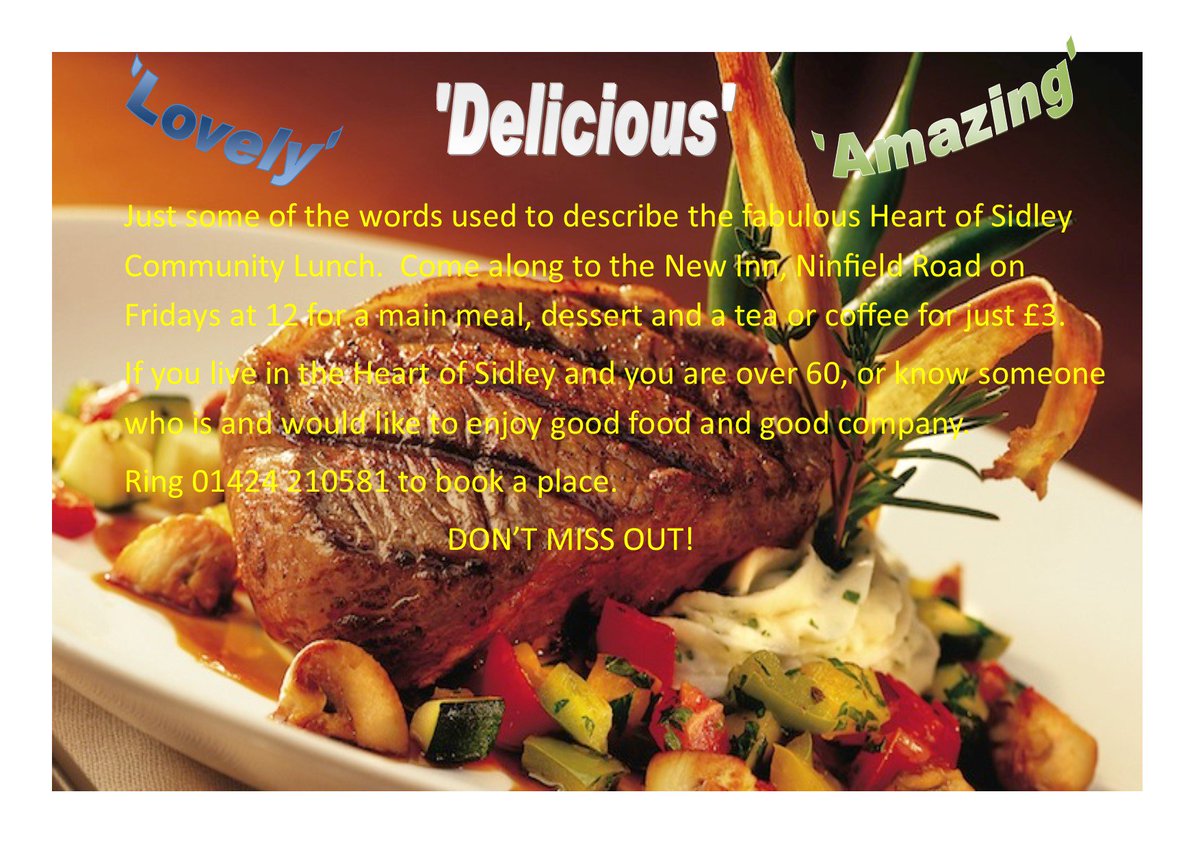 #Communitylunches over 60's £3 2 courses with tea/coffee Heart of Sidley Friday 12.00 #TheNewInn #Sidley #Bexhill