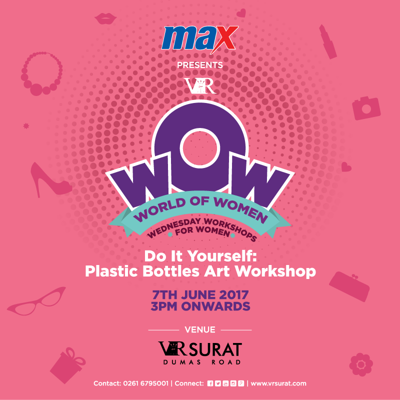 VRSurat's tweet photo. Let's get crafty this Wednesday with #VRWOW!
Come to the 'Do It Yourself-Plastic Bottles Art Workshop' to #VRSurat on 7th June, 3pm onwards. https://t.co/fiQNxTHlkE