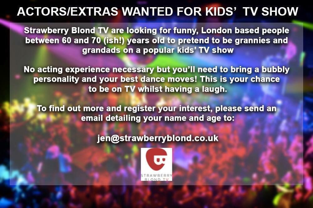 ⭐️ a VERY popular kids TV show is looking for 60/70 year olds to play Grannies and Granddads in a video. 
E: jen@strawberryblond.co.uk ⭐️