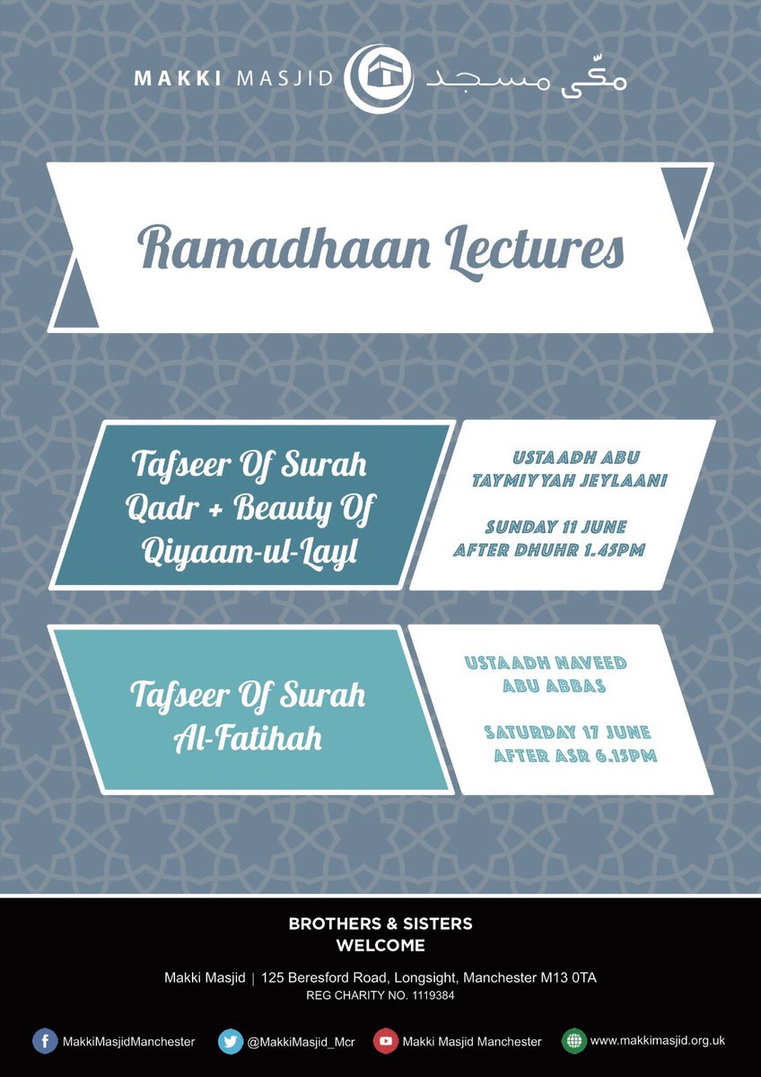 AbuTaymiyyahMJ's tweet photo. Lectures all this upmcomimg weekend inshallah + a khutbah in #miltonkeys - #nelson #preston #manchester #nottingham @salafieventsuk https://t.co/UXmUvBWBqK