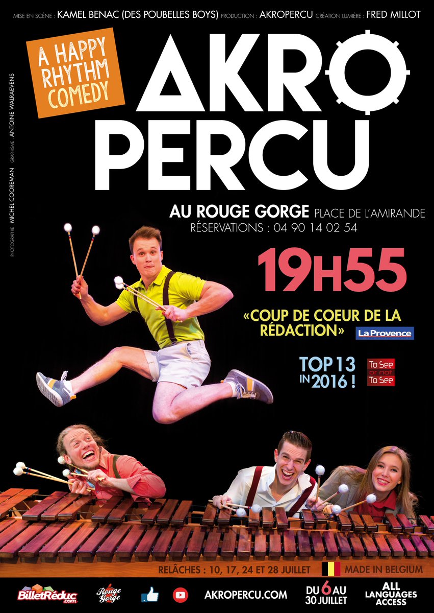 La nouvelle Affiche d'<a href="/AkroPercu/">AkroPercu</a> pour le Festival off d'Avignon 2017 !
RDV du 6 au 30 juillet à 19H55 au Rouge Gorge
#Avignonleoff