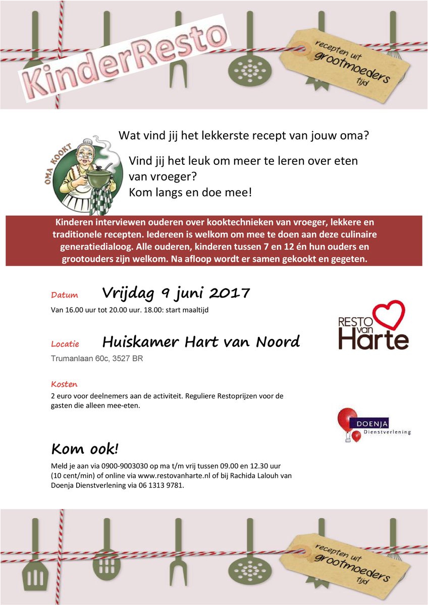 Wat vind jij het lekkerste recept van jouw oma?
Vind jij het leuk om meer te leren over eten van vroeger? 
Kom langs en doe mee!