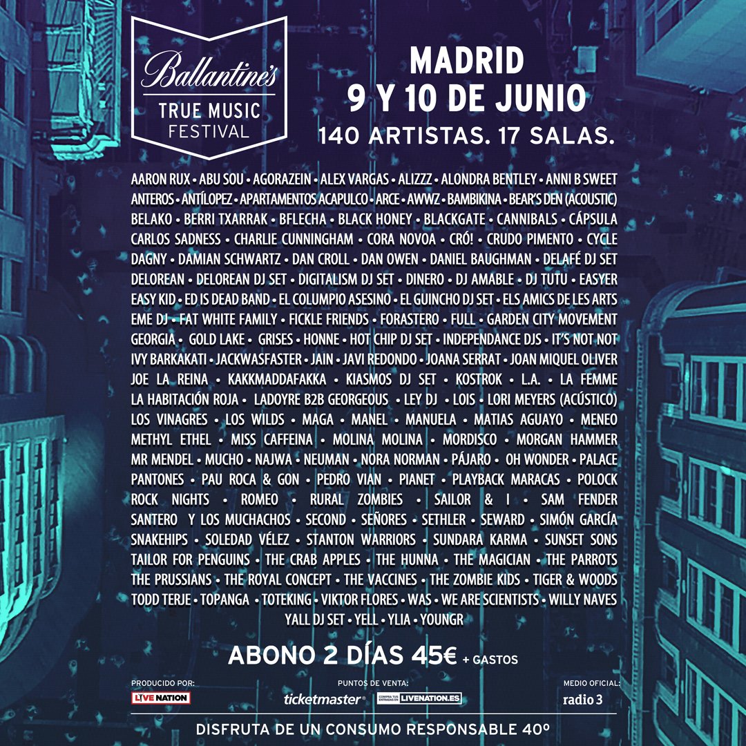 REVISTA_HRB's tweet photo. Sorteamos abonos (de 2 dias) dobles para el BALLANTINE'S TRUE MUSIC FESTIVAL. Síguenos y RT para participar! https://t.co/NUQHc3ozfK https://t.co/lgSKKmmJTs