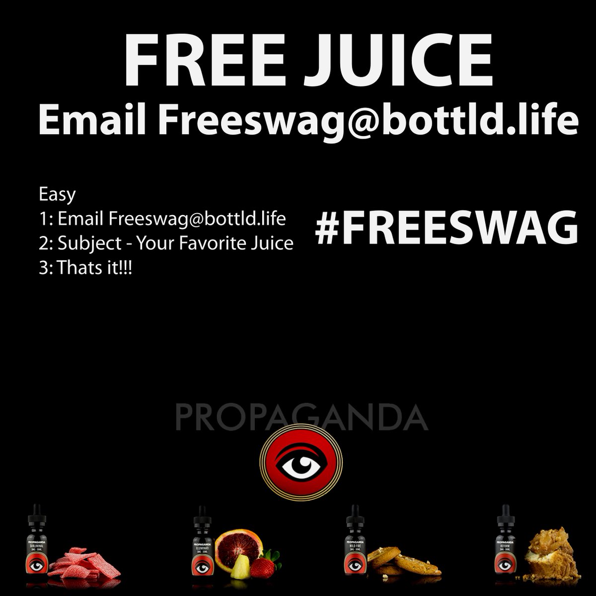 BottldLife's tweet photo. VAPE FOR FREE!!! HUGE JUICE GIVEAWAY!!!

-Like 
-Retweet
-Email - freeswag@bottld.life
-Subject - your favorite e-juice https://t.co/tbNiKkpBqw