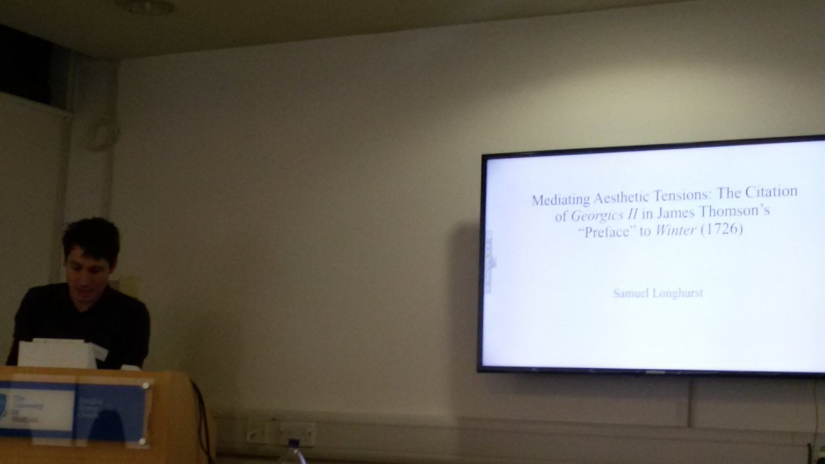 2017Tensions's tweet photo. Sam Longhurst's UoS PhD student presentation on Virgil's aesthetics tensions has started. Good times! #TENSIONS2017 https://t.co/L4LrAiW4nK