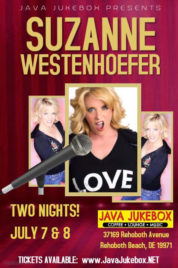 JavaJukeboxReho's tweet image. Suzanne Westenhoefer Is Coming To Rehoboth Beach! July 7 &amp;amp; 8 - Tickets selling fast! JavaJukebox.NET @szwest1  #suzannewestenhoefer