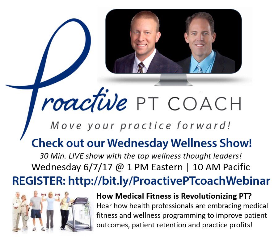 ProactivPTCoach's tweet photo. Medical Fitness is revolutionizing Rehab. Hear my interview tomorrow with Russ Certo,PT &amp; Tracy Ervin, PT. https://t.co/iIDCa2AiLQ