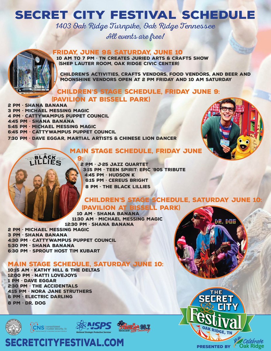 SecretCityFest's tweet photo. Complete schedule for this weekend below. Make sure to join us for @DrDogMusic @TheBlackLillies @CereusBright @theaccidentals &amp; more! https://t.co/MJfR6SE968
