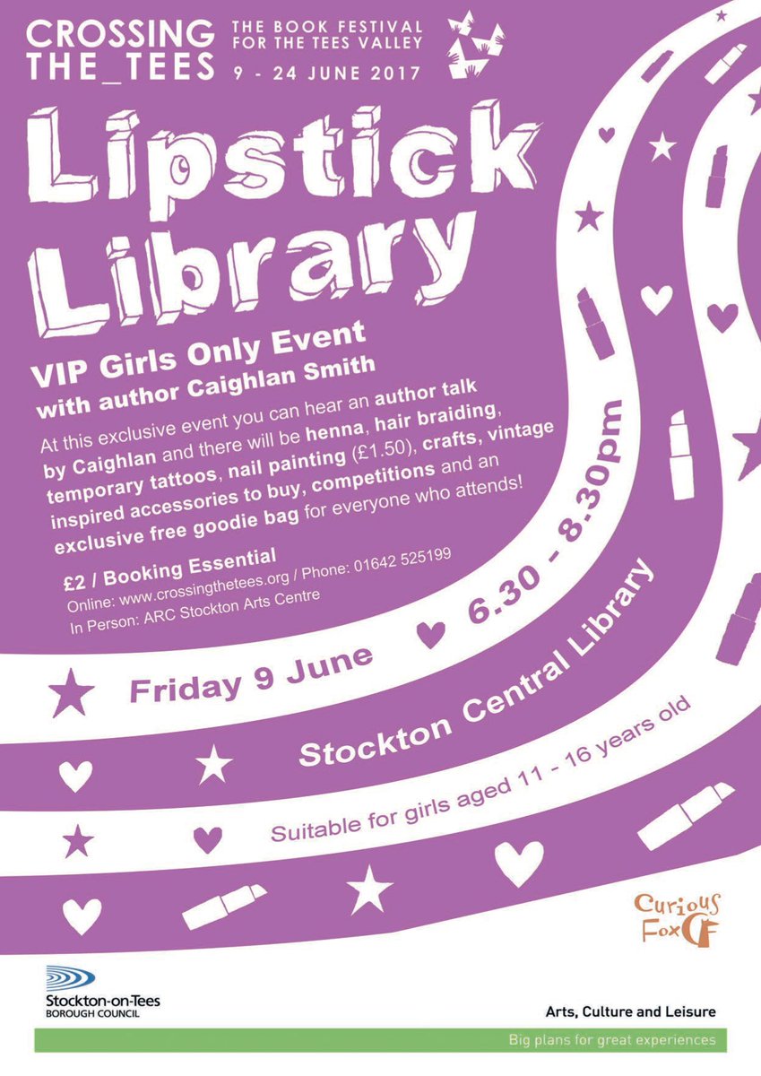 stocktonlibrary's tweet photo. @CrossingtheTees @CuriousFoxBooks #LipstickLibrary with YA author #caighlanSmith 9 June, 6.30pm at #StocktonCentralLibrary Tickets £2 from https://t.co/WUkcwx1ix0 https://t.co/lVqU6Q6fvs