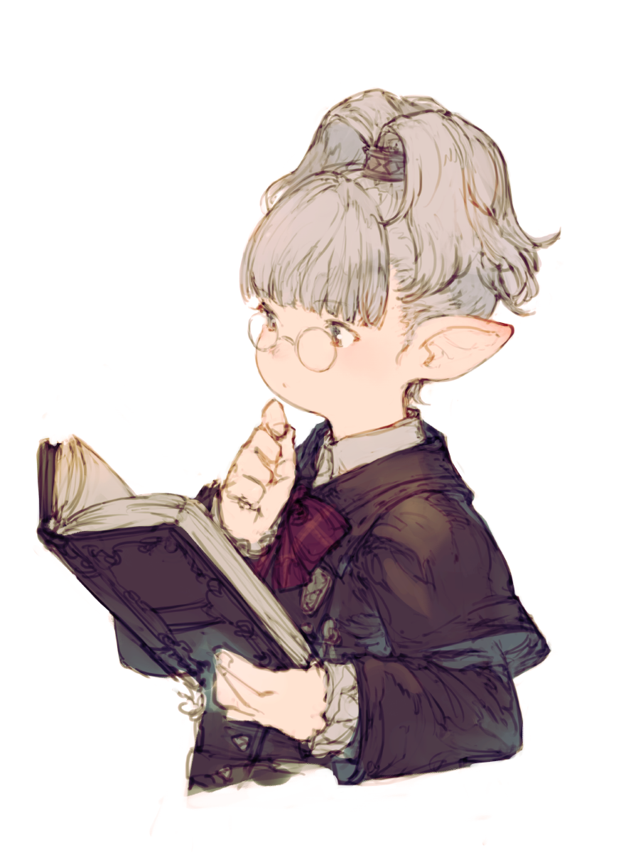solo 1girl lalafell glasses pointy ears book white background  illustration images