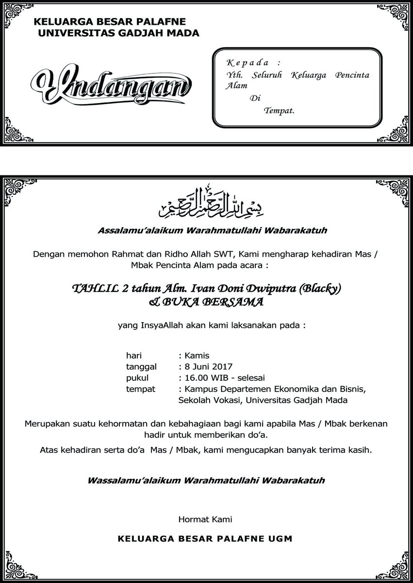 Tahlil 2 thn Alm.Ivan Doni Dwiputra (Blacky) Palafne 2012 sekaligus Buka Puasa Bersama.
Info : 
Rima 085640778186
Dewi 085743156236