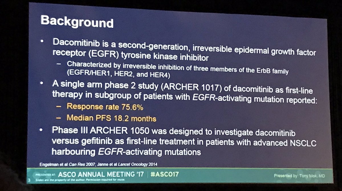 LUNGevity's tweet photo. Dacomitinib shows longer response than gefitinib - for 1st line tx of EGFR+ lung ca, but with more side effects #ASC017 #LCSM https://t.co/oMUBHxqFh2