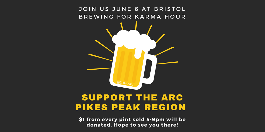720media's tweet photo. Join us tonight at @BristolBrewing for #KarmaHour. $1 from every pint sold from 5-9pm will be donated to @TheArcPPR  #ColoradoSprings https://t.co/cfVI0EQrQ9