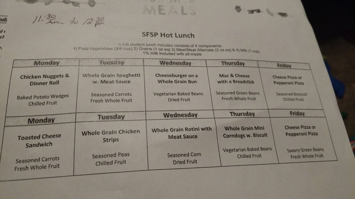 Menu for FREE BREAKFAST AND LUNCH AT SOUTH VIEW DOOR #9 FOR ALL KIDS 18 UNDER ADULTS R $2 TIMES R IN LEFT CORNER MON - FRI