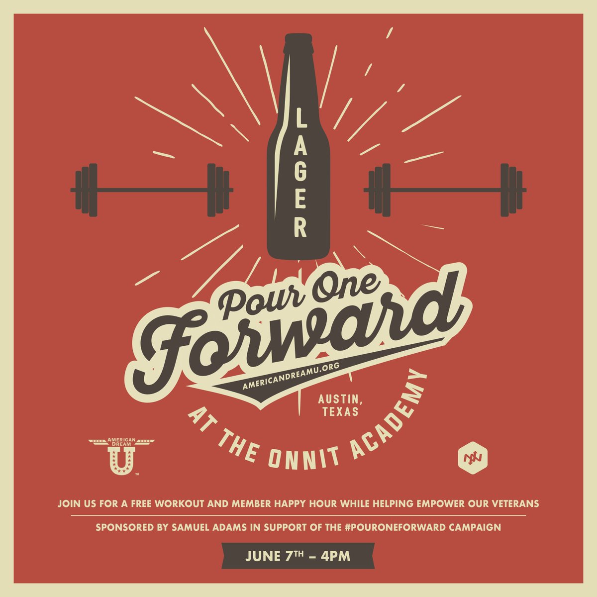 Onnit's tweet photo. AUSTIN! Tomorrow! FREE workout & grab a beer @OnnitAcademy @AmericanDreamU @SamuelAdamsBeer #PourOneForward RSVP: https://t.co/y5JsXG9cl8 https://t.co/B8Z9dwbdJf