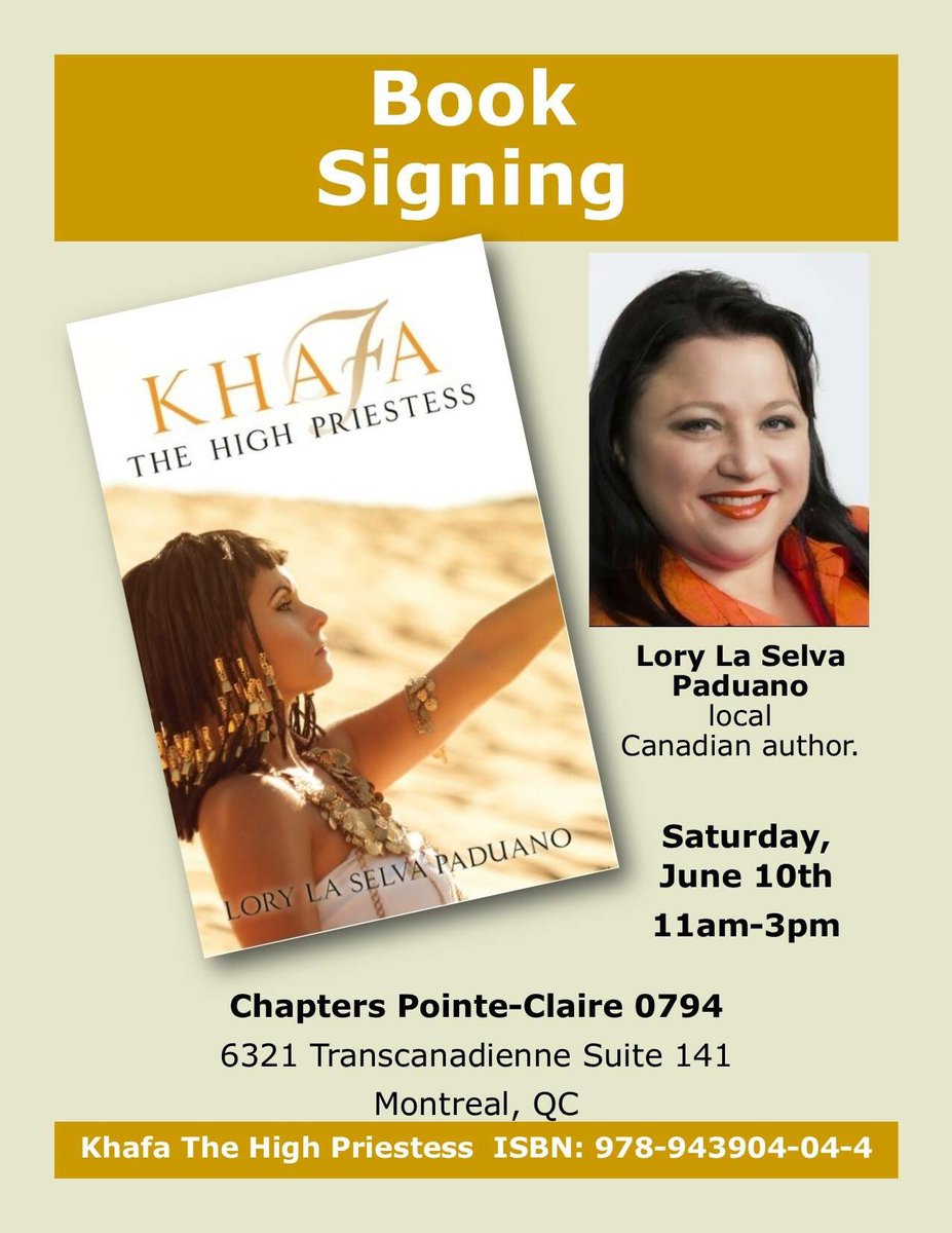 ElevationBkPub's tweet photo. Don't miss Khafa The High Priestess. Chapters Pointe-Claire Sat 6/10 11am Montreal #romance #bookclubs #canadian #montreal #quebec #library https://t.co/OxJYgP44BZ