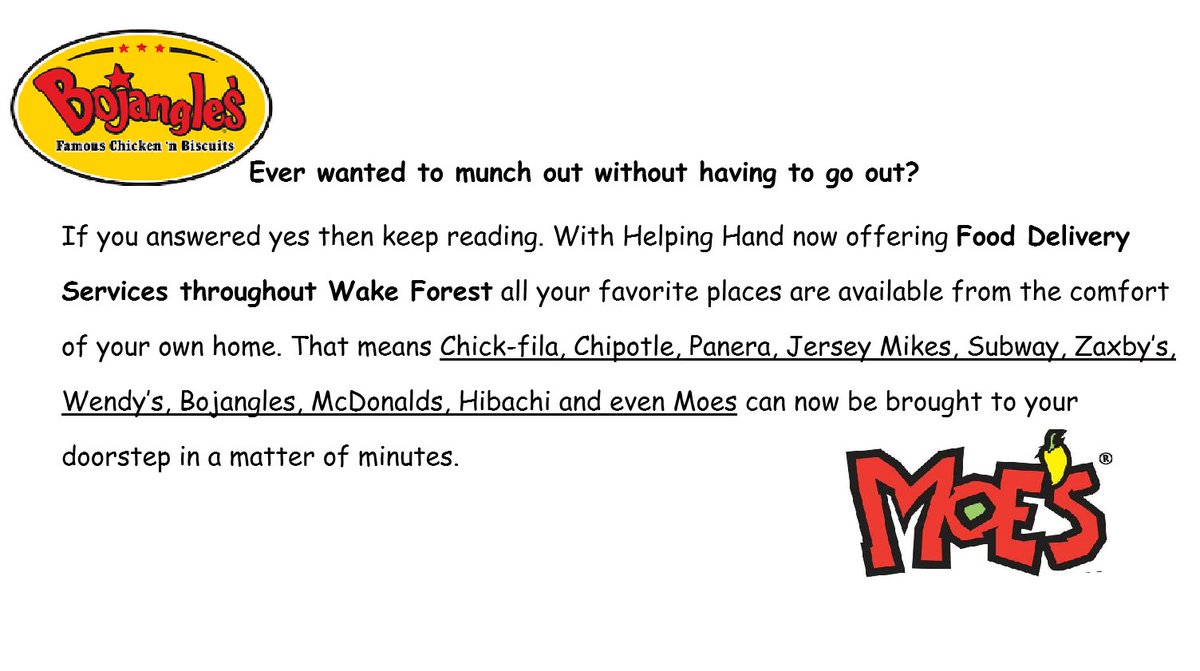 HelpingHand_WF's tweet photo. Helping Hand now offers the fastest and most affordable food delivery service in Wake Forest🍔🍟Anytime, Anyplace, Anywhere we deliver there🌮🍗 https://t.co/JeJyzlyzm5