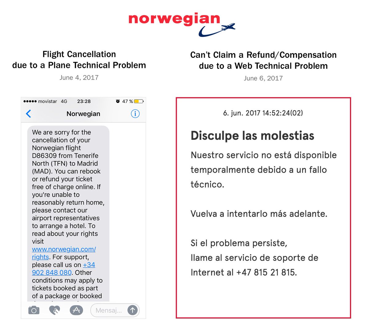 .<a href="/Fly_Norwegian/">Norwegian</a>, our flight was cancelled due to a technical problem and now we can't request a refund due to another technical problem.

✈️