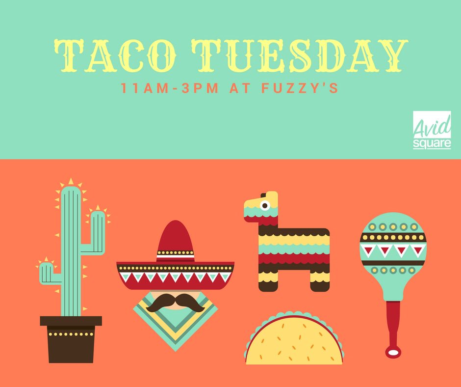 avid_square's tweet photo. Happy Taco Tuesday, y'all!! We'll be at Fuzzy's from 11-3 today! Stop by our table for swagggg and a chance to win a $10 Fuzzy's gift card! https://t.co/09Zj3X49lX