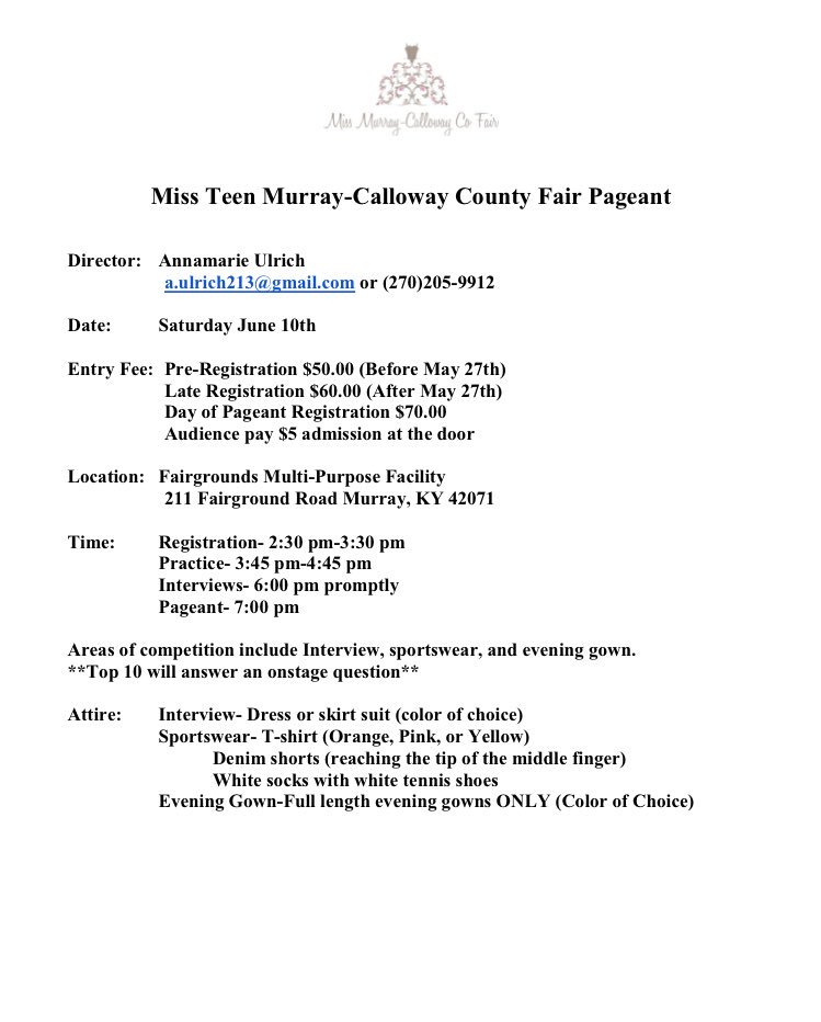 murrayfair's tweet photo. It's not too late to register for our (new) Miss Teen Pageant! Details attached. More info/forms available at https://t.co/xPuaapNI7K. https://t.co/Kn0lbP5wYT