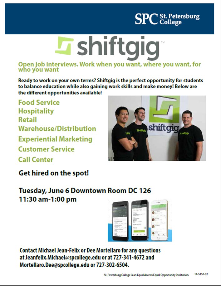 MJJeanFelix's tweet photo. #SPCDT and everyone available for a job opportunity, come to our campus to learn about and receive an opportunity to work with @shiftgig ! https://t.co/USotq1AakM