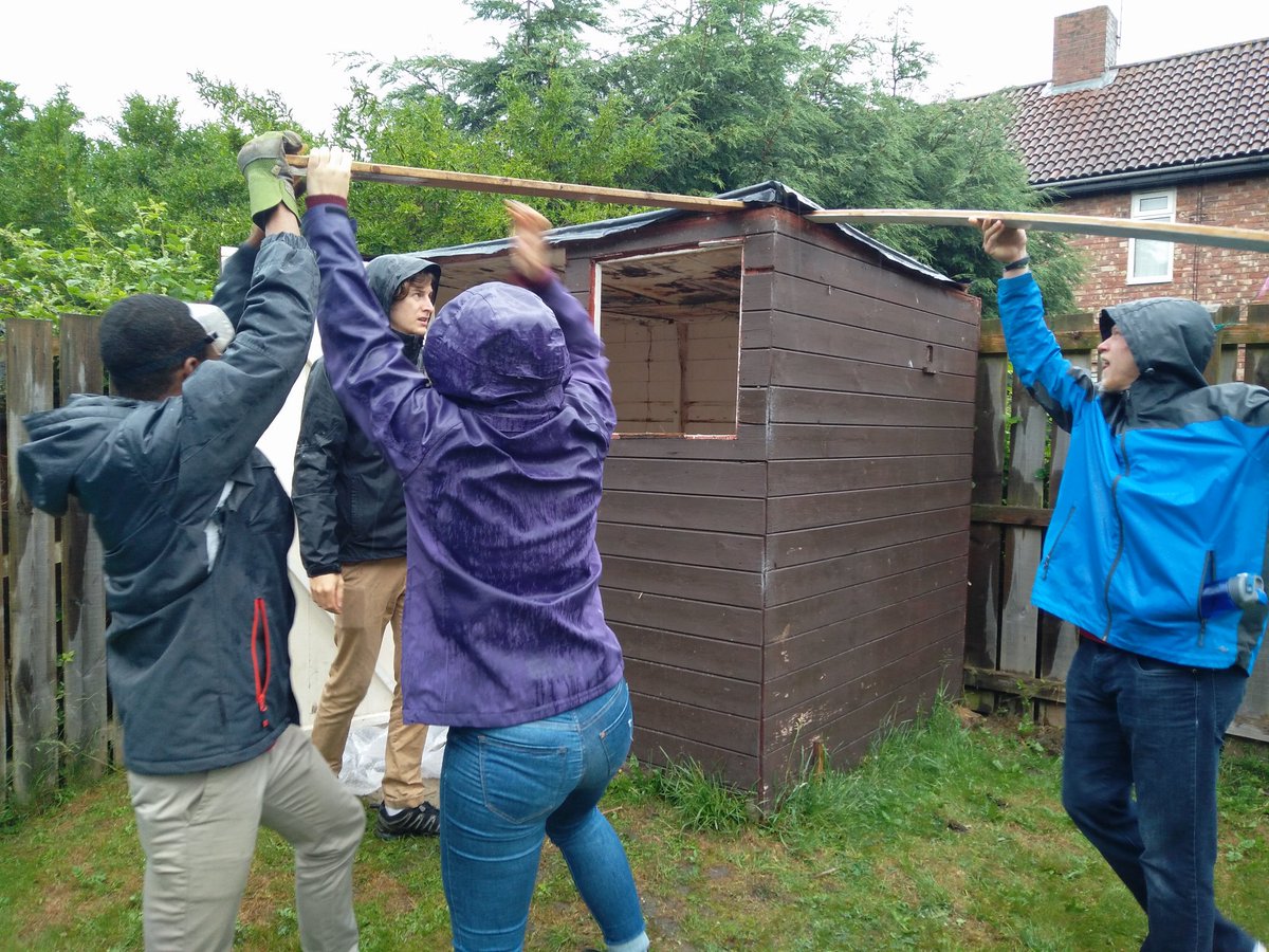 Becca__Hicks's tweet photo. @juneproject Team WOTS dismantling a shed in Gilesgate! #extremegardening #jp17 #rain https://t.co/DsHTCtnB3C