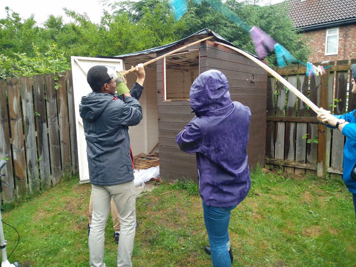 Becca__Hicks's tweet photo. @juneproject Team WOTS dismantling a shed in Gilesgate! #extremegardening #jp17 #rain https://t.co/DsHTCtnB3C
