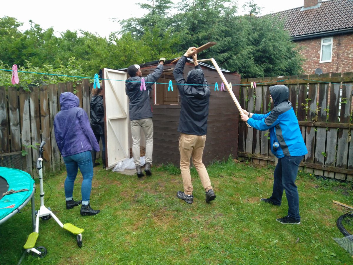 Becca__Hicks's tweet photo. @juneproject Team WOTS dismantling a shed in Gilesgate! #extremegardening #jp17 #rain https://t.co/DsHTCtnB3C