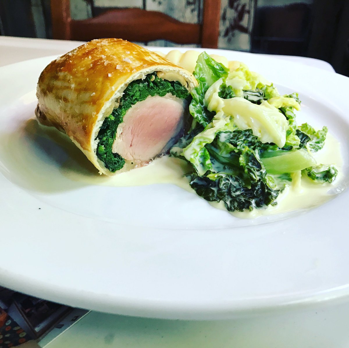 Pork Wellington, creamed mash potato &amp; Savoy cabbage!
#pork #countryinn #goodfood